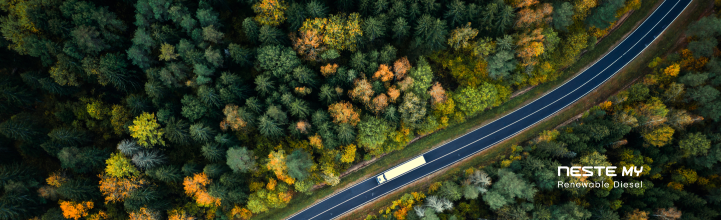 truck on road between autumn forests